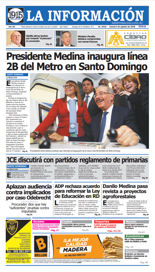 Portada Periódico La Información, Jueves 9 de Agosto 2018