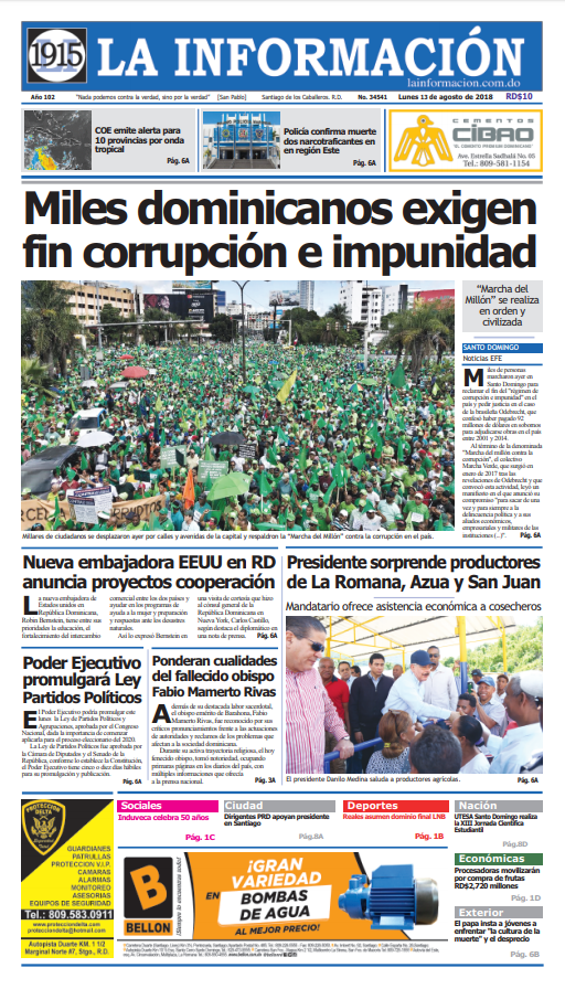 Portada Periódico La Información, Lunes 13 de Agosto 2018