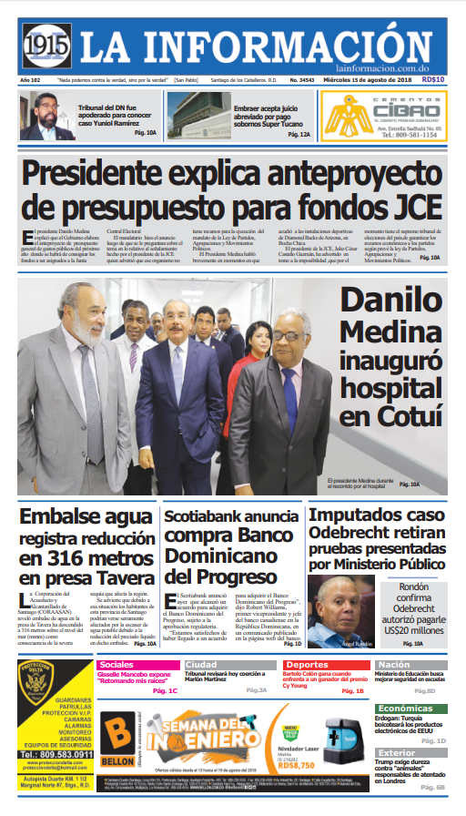 Portada Periódico La Información, Miércoles 15 de Agosto 2018