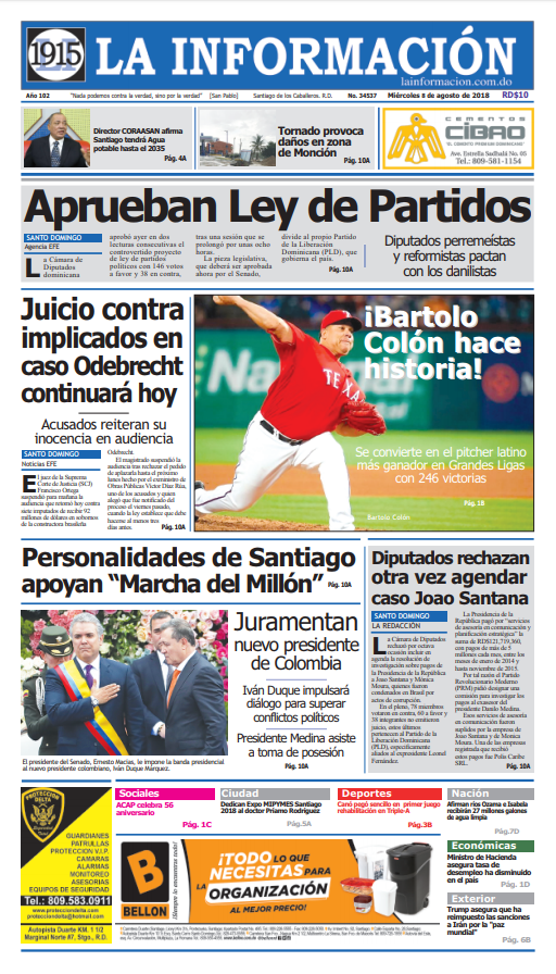 Portada Periódico La Información, Miércoles 8 de Agosto 2018
