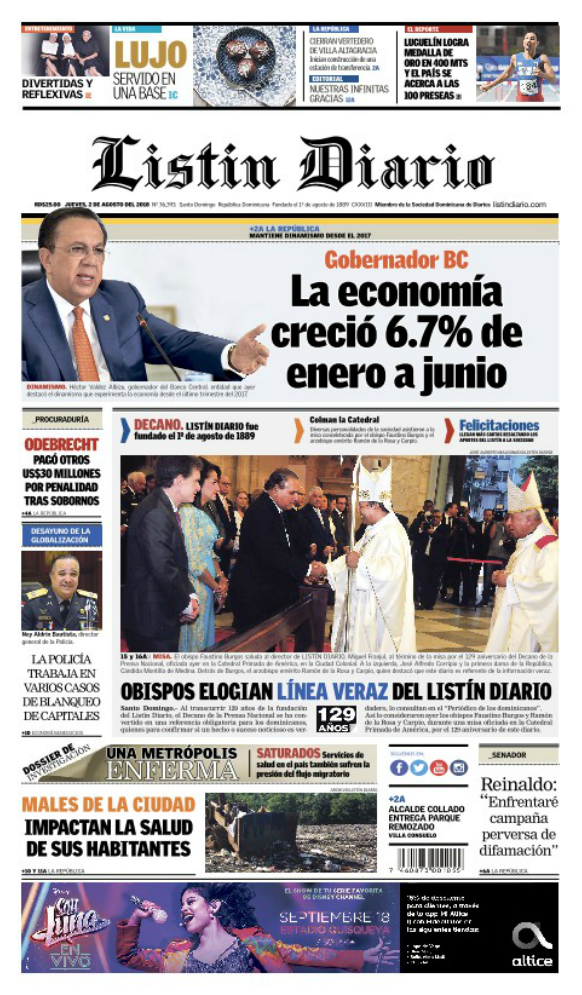 Portada Periódico Listín Diario, Jueves 2 de Agosto 2018