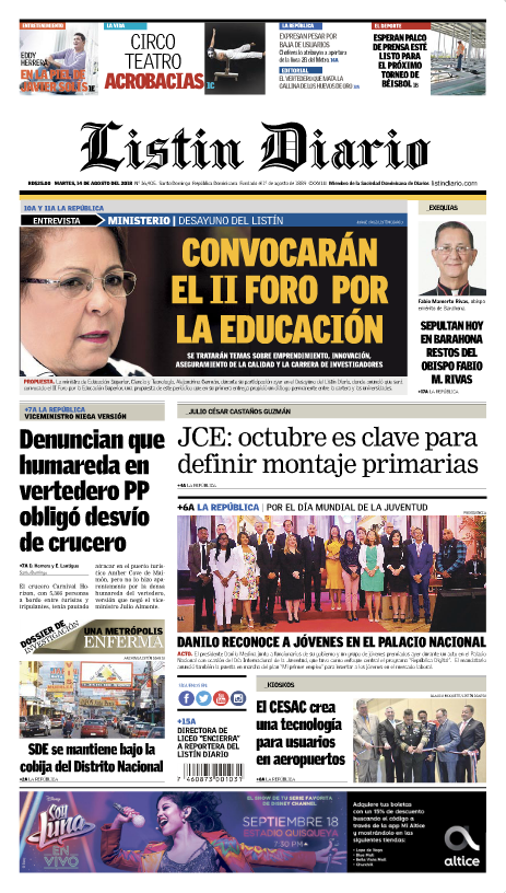 Portada Periódico Listín Diario, Martes 14 de Agosto 2018