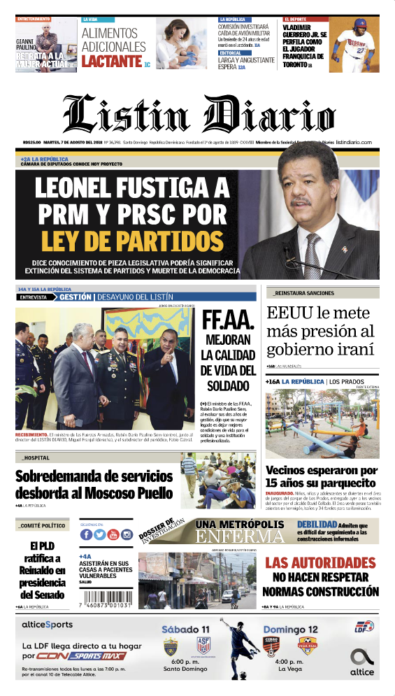 Portada Periódico Listín Diario, Martes 7 de Agosto 2018