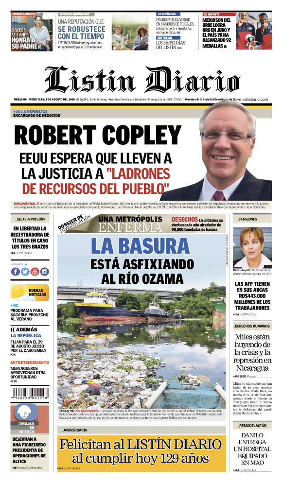Portada Periódico Listín Diario, Miércoles 1 de Agosto 2018