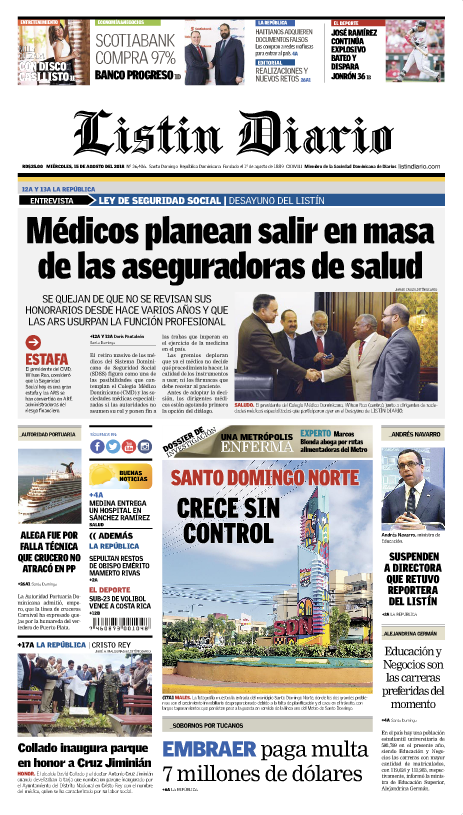 Portada Periódico Listín Diario, Miércoles 15 de Agosto 2018