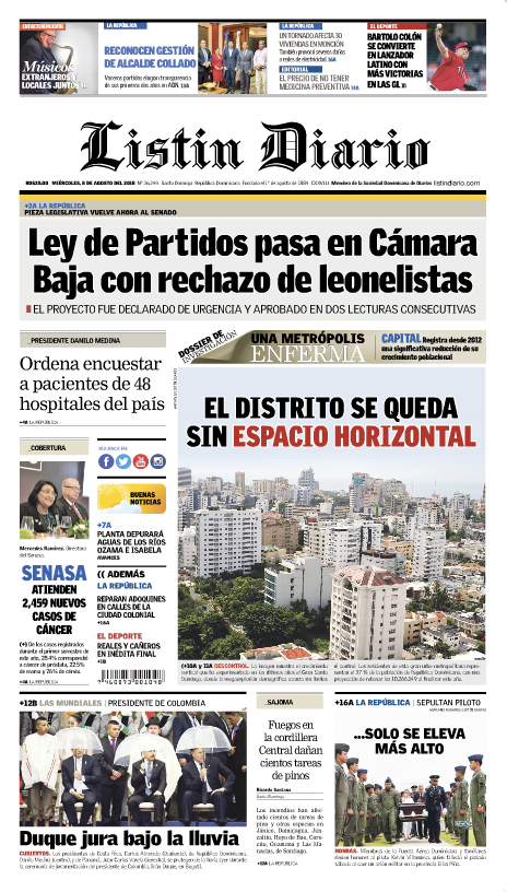 Portada Periódico Listín Diario, Miércoles 8 de Agosto 2018