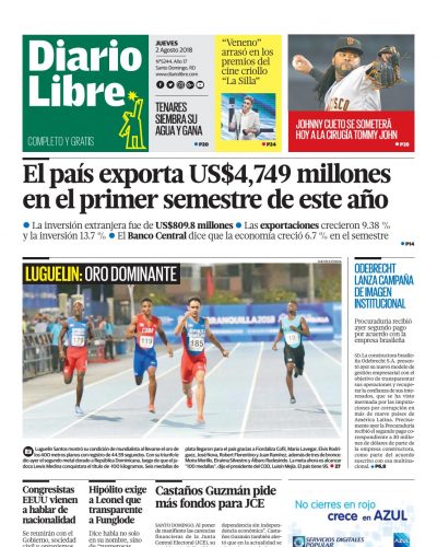 Portada Periódico Diario Libre, Jueves 2 de Agosto 2018