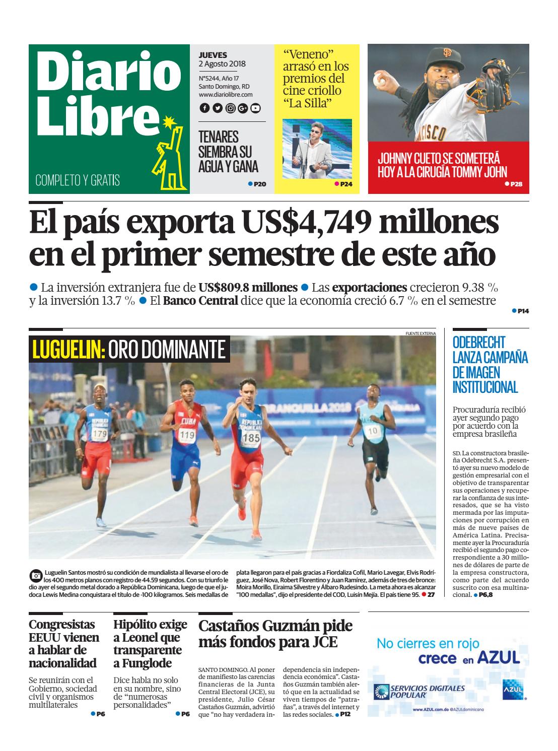 Portada Periódico Diario Libre, Jueves 2 de Agosto 2018