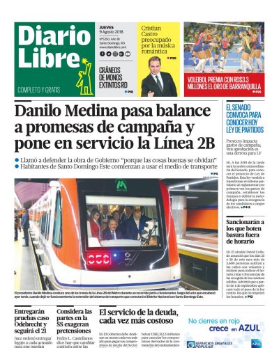 Portada Periódico Diario Libre, Jueves 9 de Agosto 2018