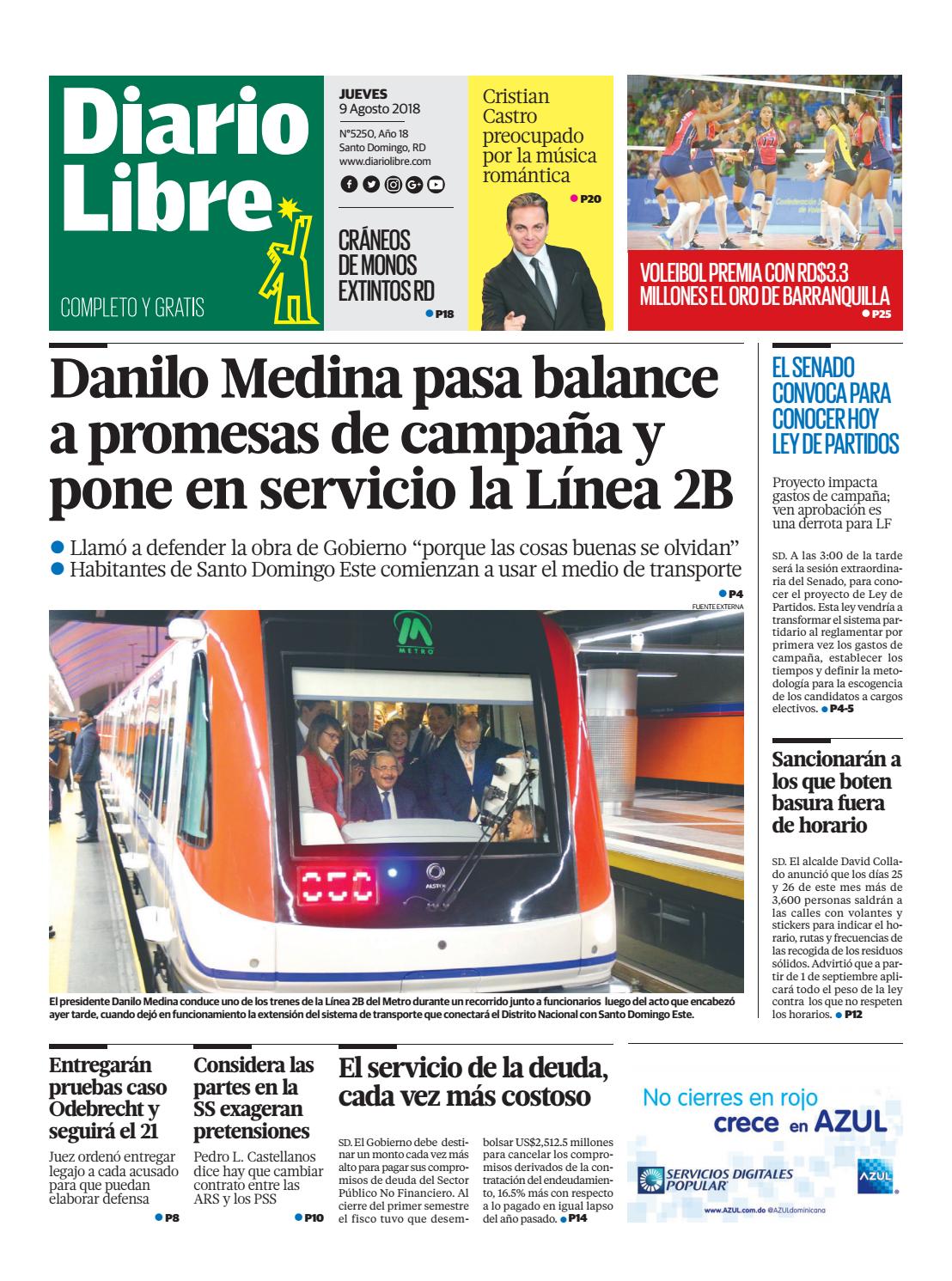 Portada Periódico Diario Libre, Jueves 9 de Agosto 2018