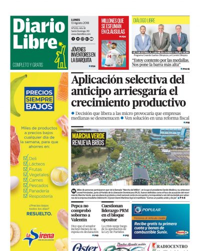 Portada Periódico Diario Libre, Lunes 13 de Agosto 2018