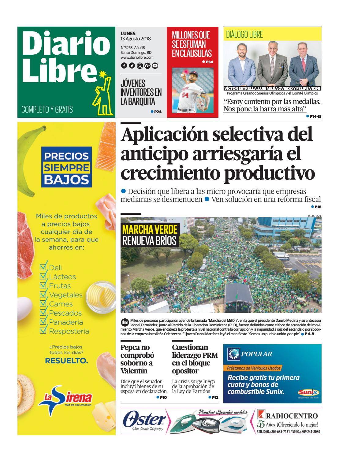 Portada Periódico Diario Libre, Lunes 13 de Agosto 2018