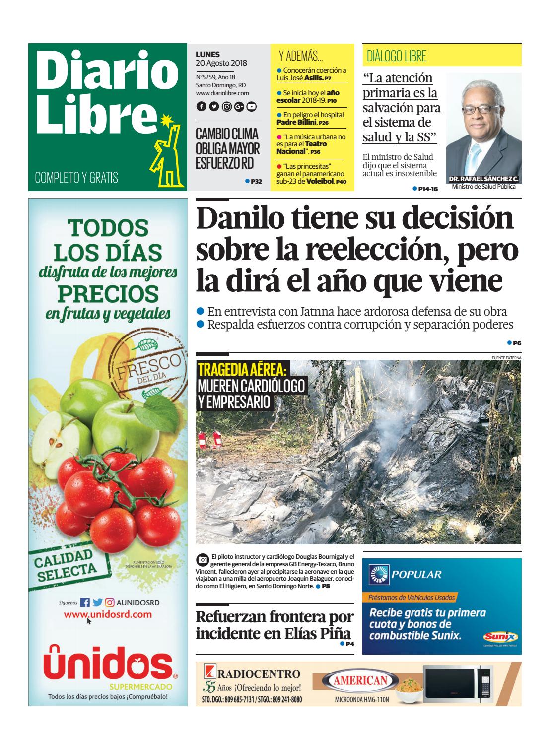 Portada Periódico Diario Libre, Lunes 20 de Agosto 2018