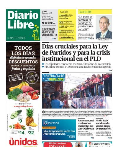 Portada Periódico Diario Libre, Lunes 6 de Agosto 2018