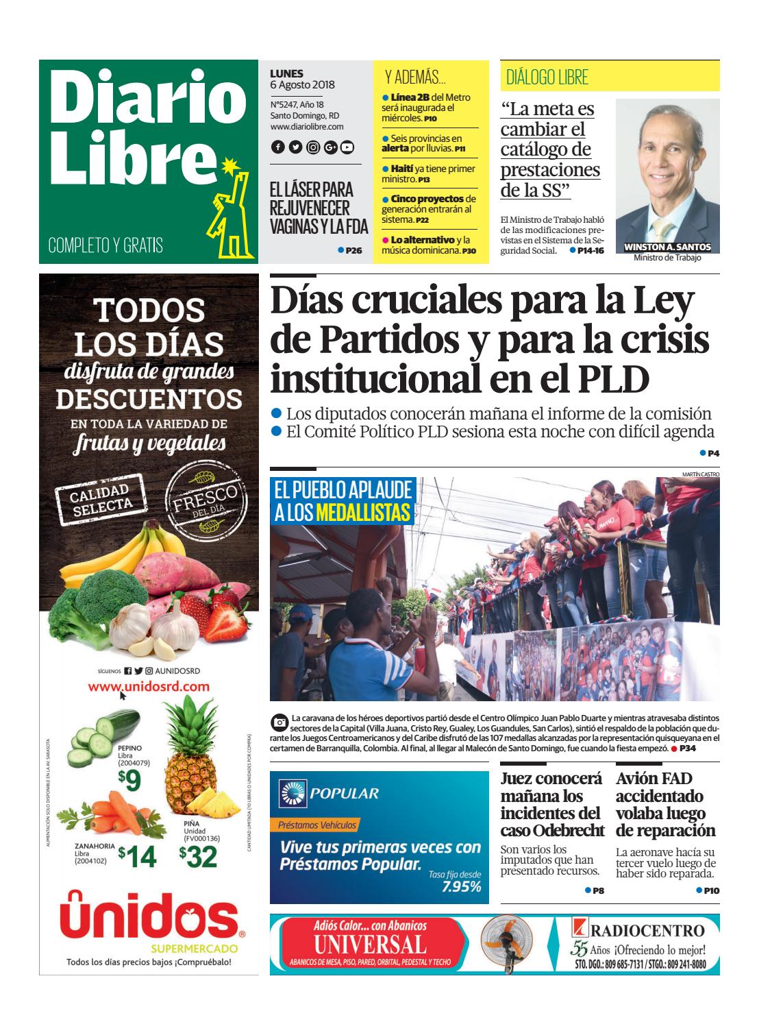 Portada Periódico Diario Libre, Lunes 6 de Agosto 2018