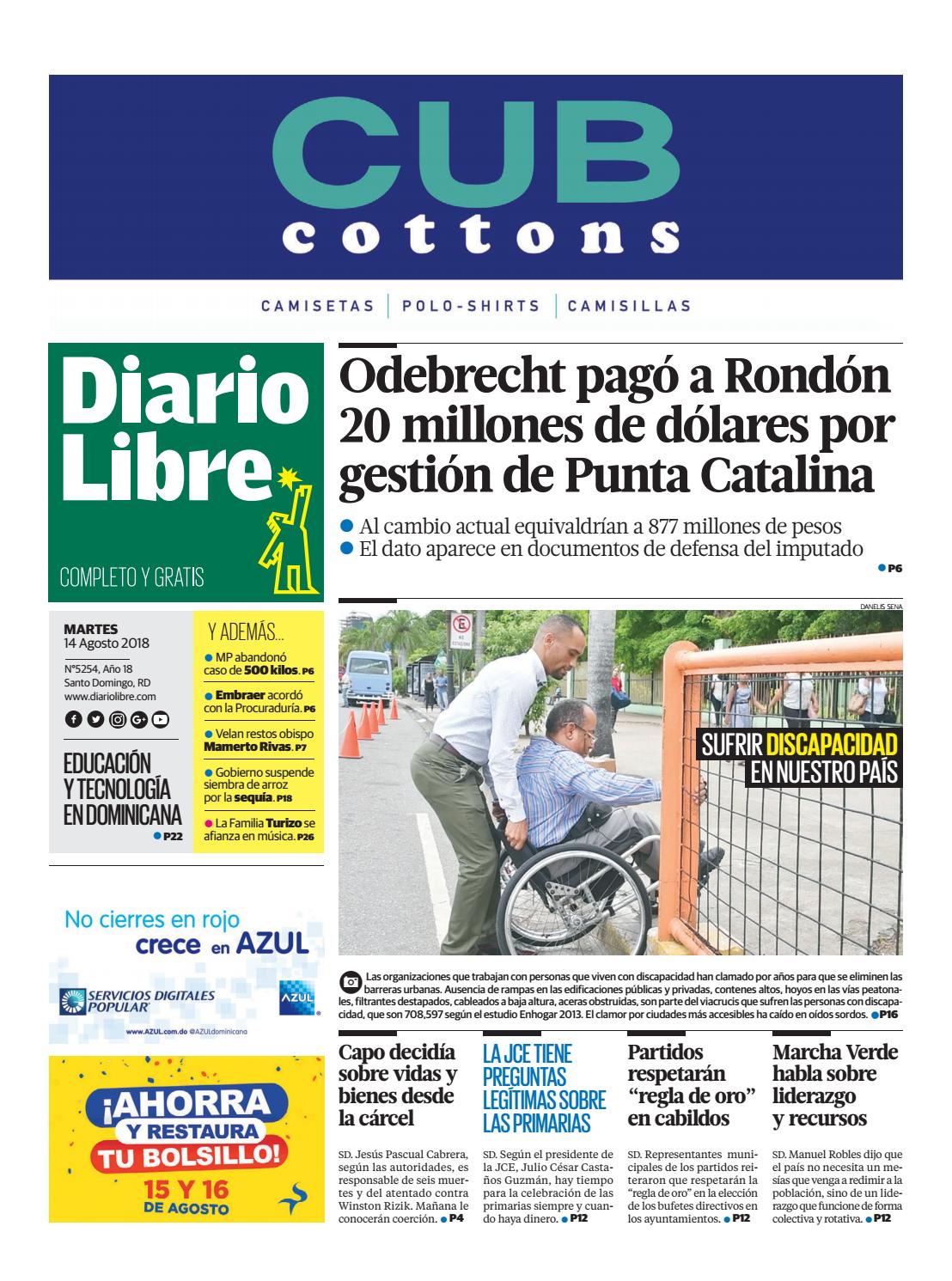 Portada Periódico Diario Libre, Martes 14 de Agosto 2018