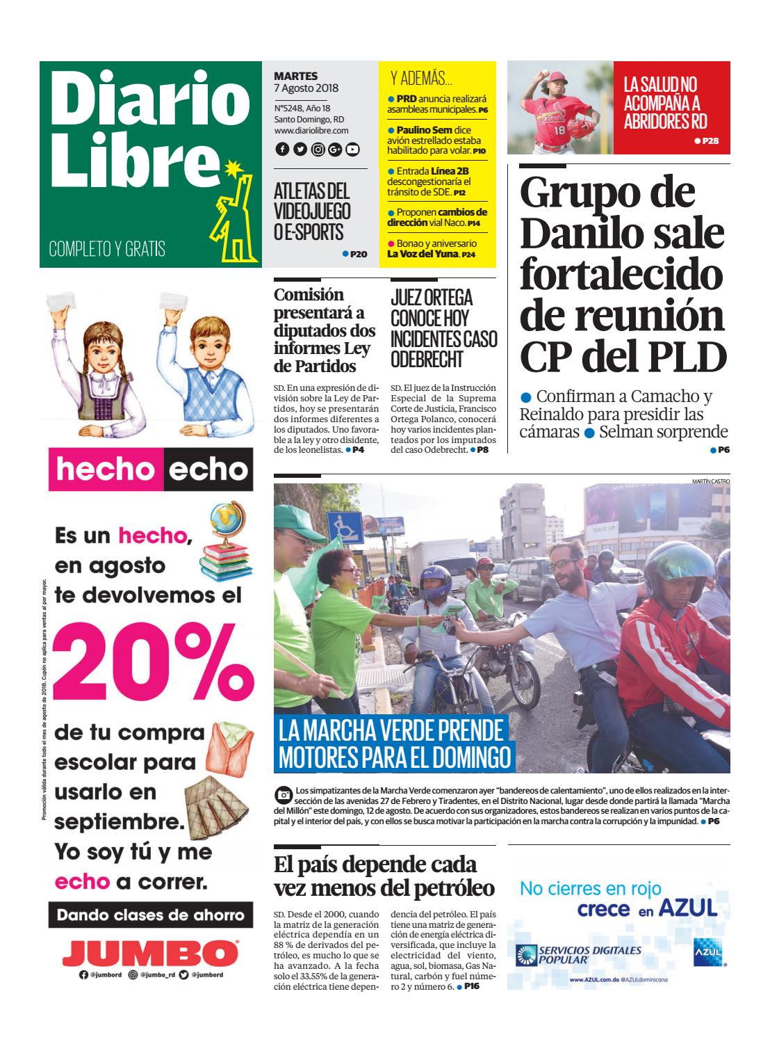 Portada Periódico Diario Libre, Martes 7 de Agosto 2018
