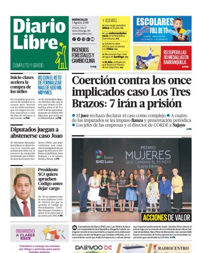 Portada Periódico Diario Libre, Miércoles 1 de Agosto 2018