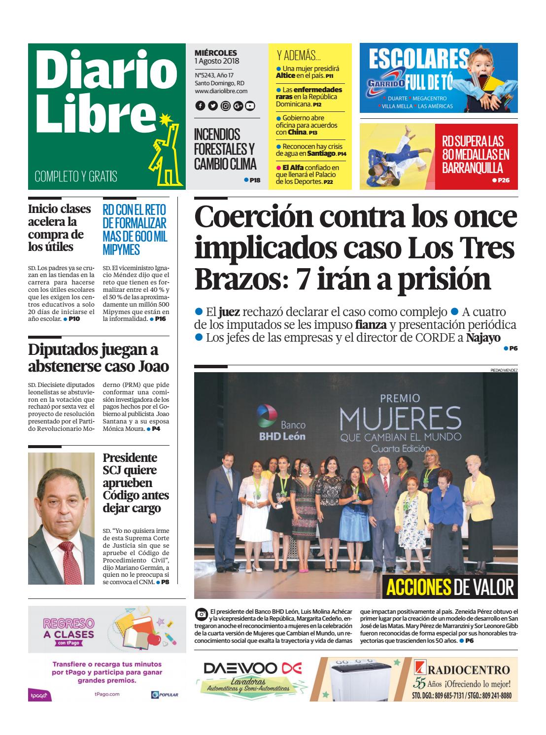 Portada Periódico Diario Libre, Miércoles 1 de Agosto 2018