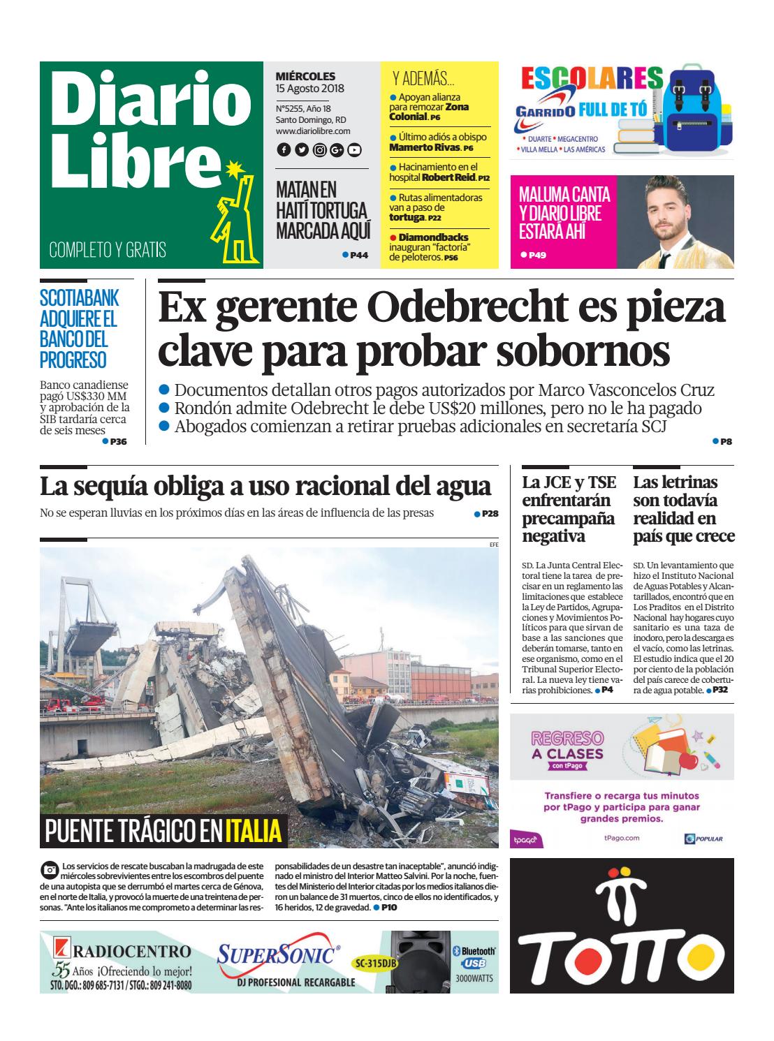 Portada Periódico Diario Libre, Miércoles 15 de Agosto 2018