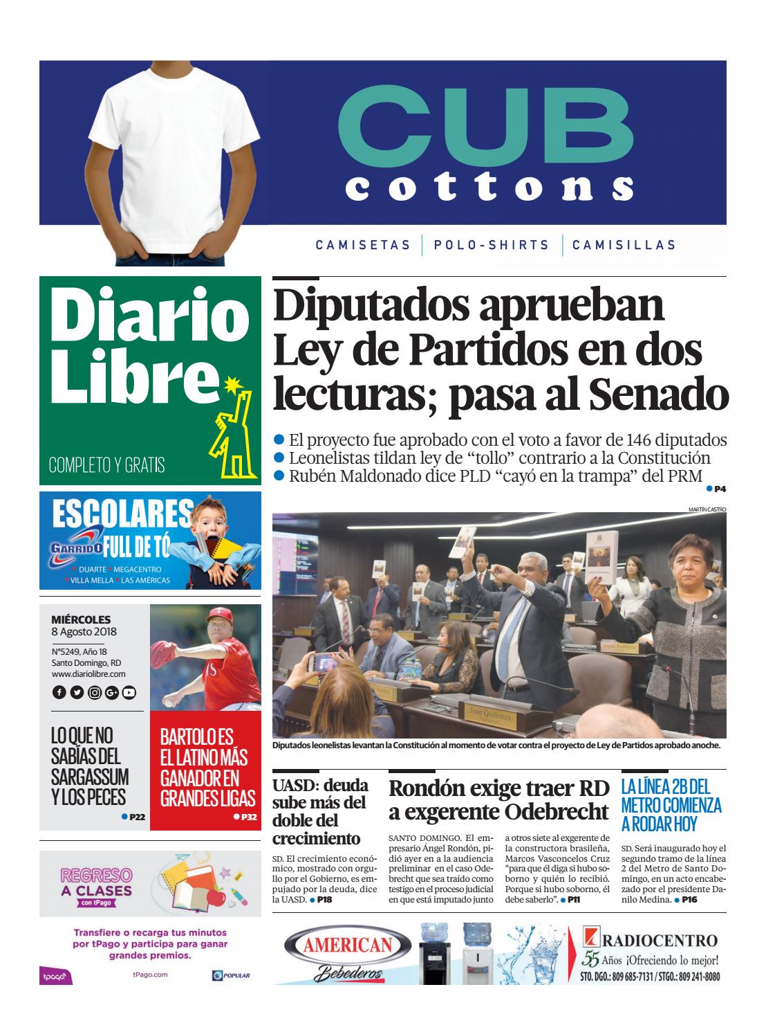 Portada Periódico Diario Libre, Miércoles 8 de Agosto 2018