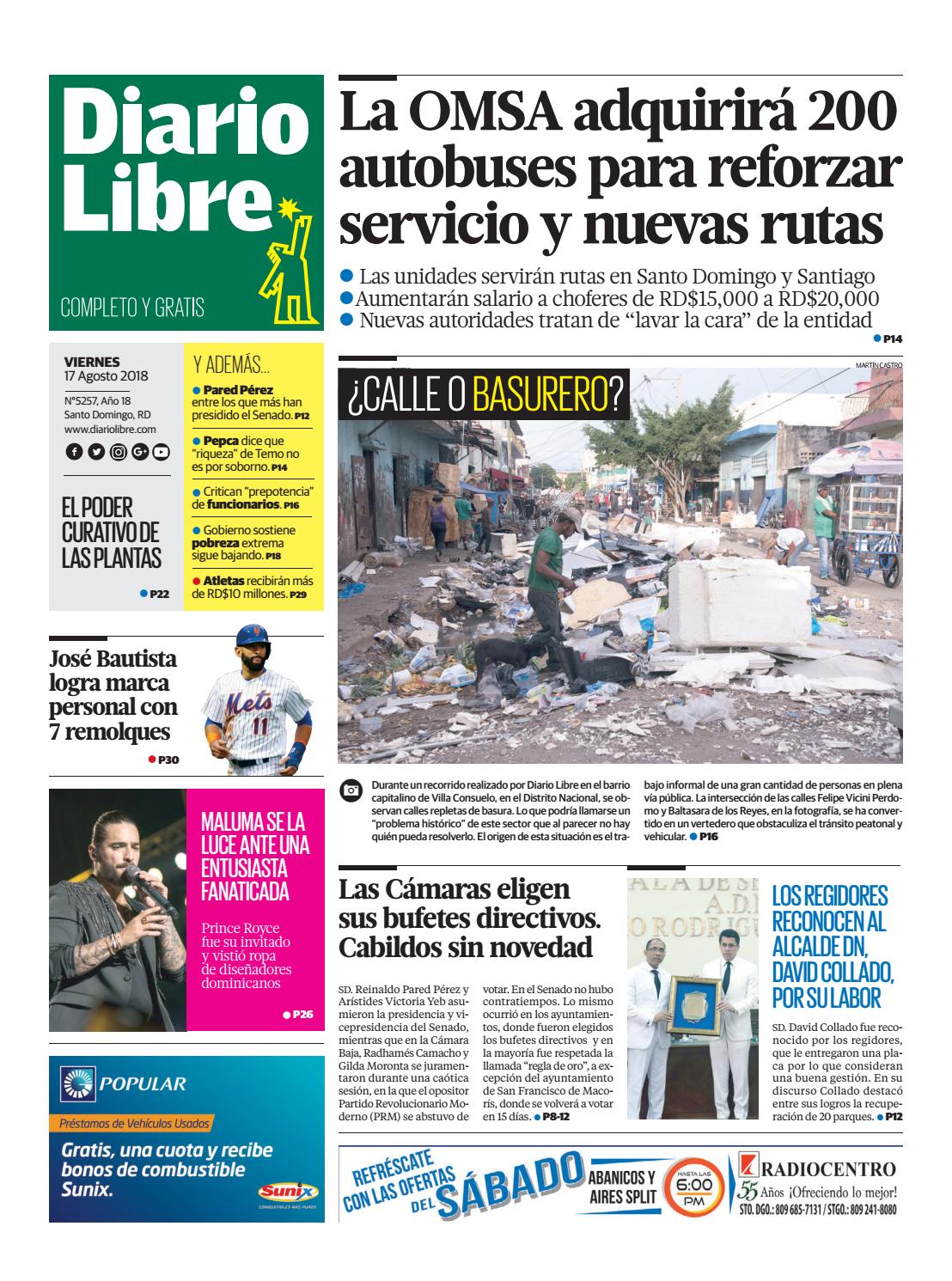 Portada Periódico Diario Libre, Viernes 17 de Agosto 2018