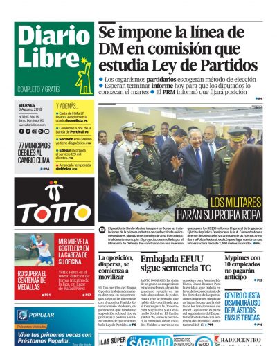 Portada Periódico Diario Libre, Viernes 3 de Agosto 2018