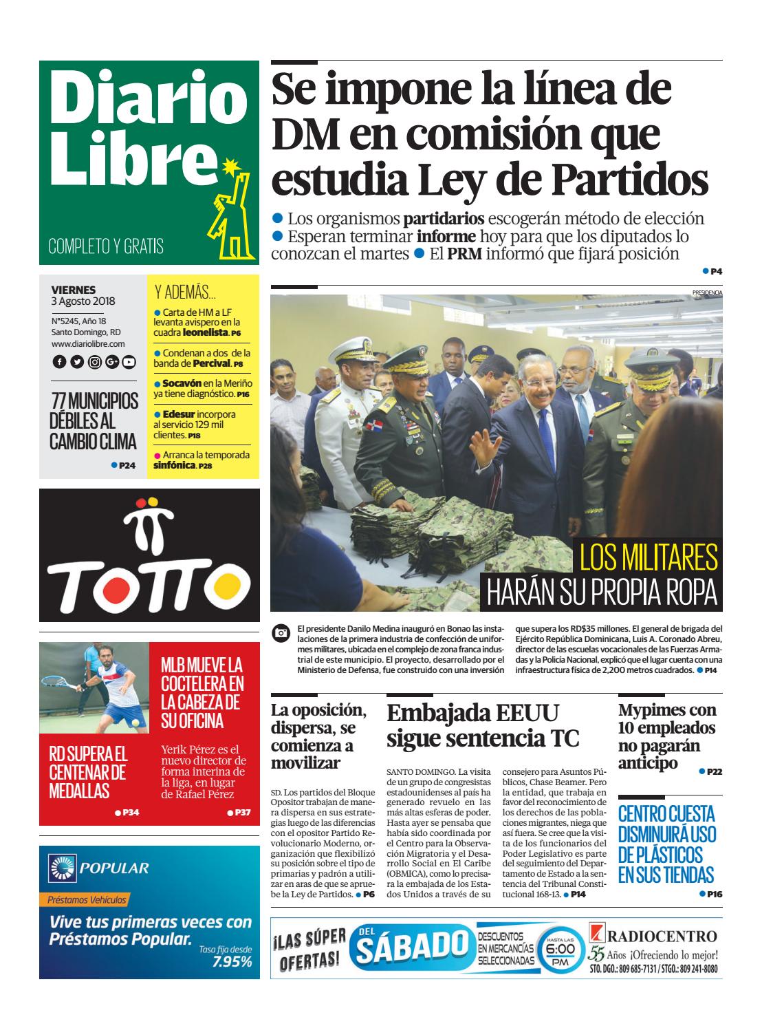 Portada Periódico Diario Libre, Viernes 3 de Agosto 2018