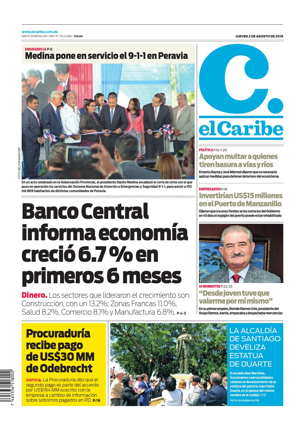 Portada Periódico El Caribe, Jueves 2 de Agosto 2018