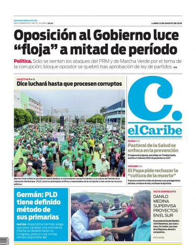 Portada Periódico El Caribe, Lunes 13 de Agosto 2018