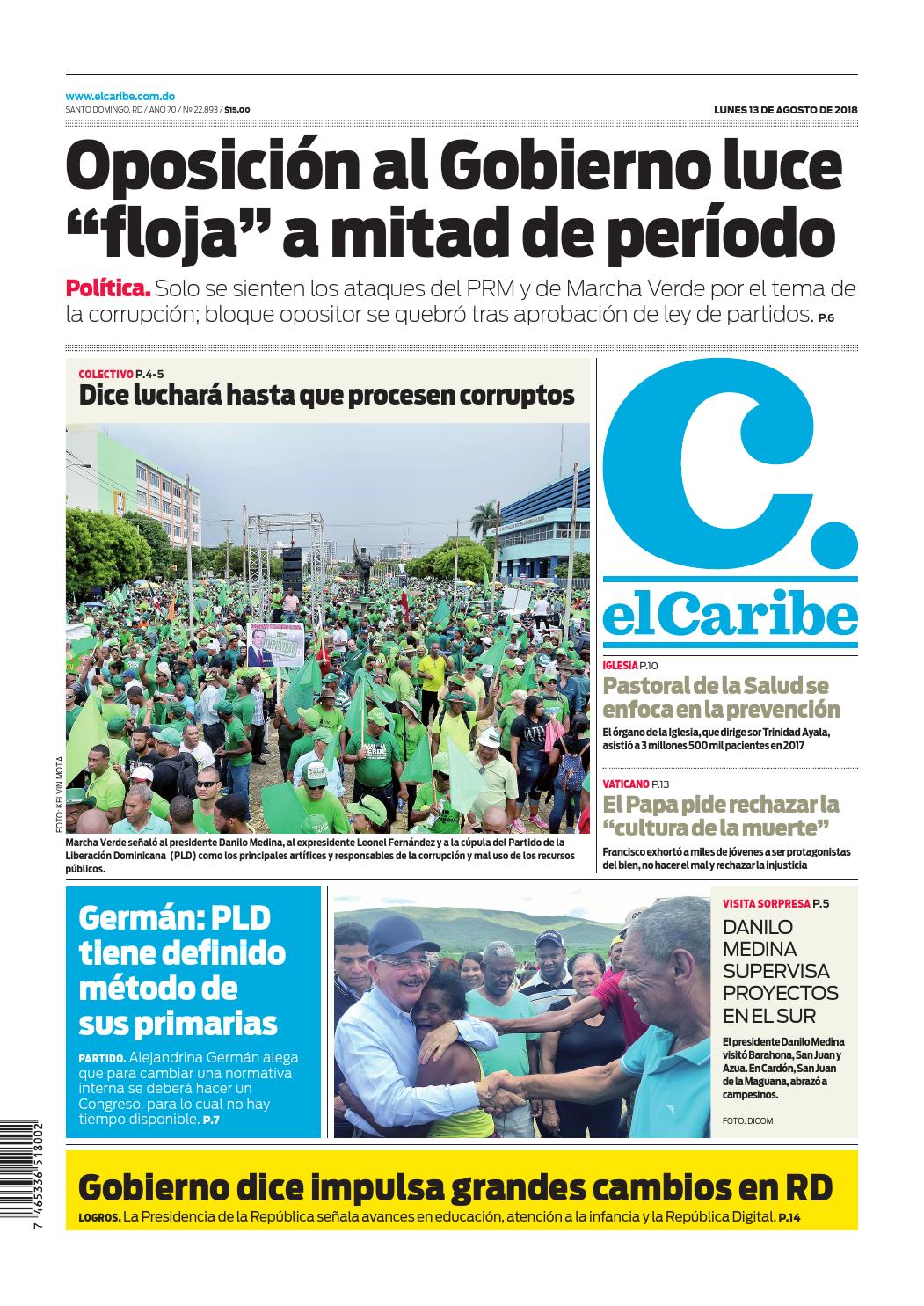 Portada Periódico El Caribe, Lunes 13 de Agosto 2018