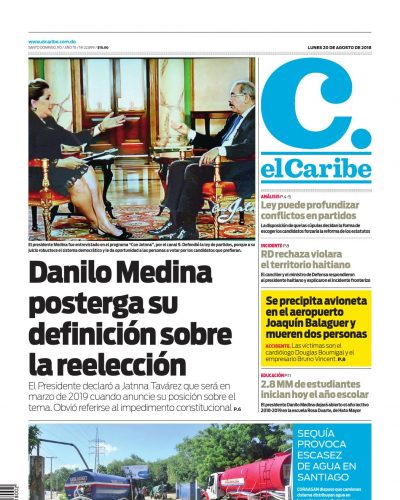 Portada Periódico El Caribe, Lunes 20 de Agosto 2018