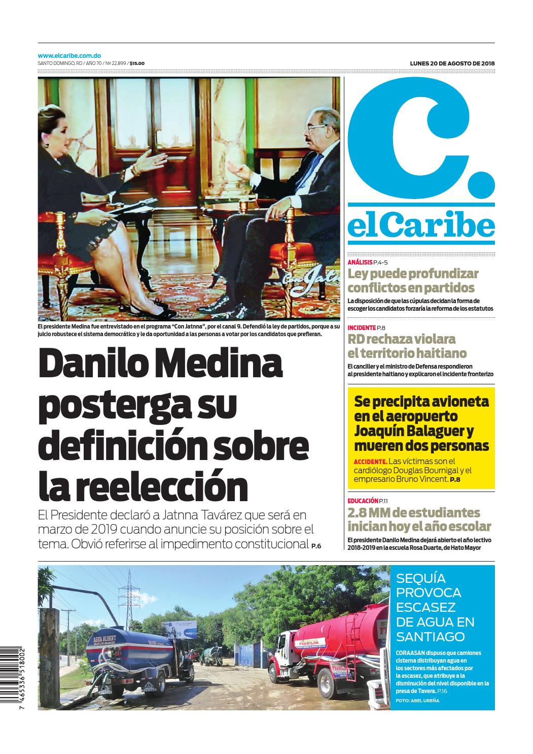 Portada Periódico El Caribe, Lunes 20 de Agosto 2018