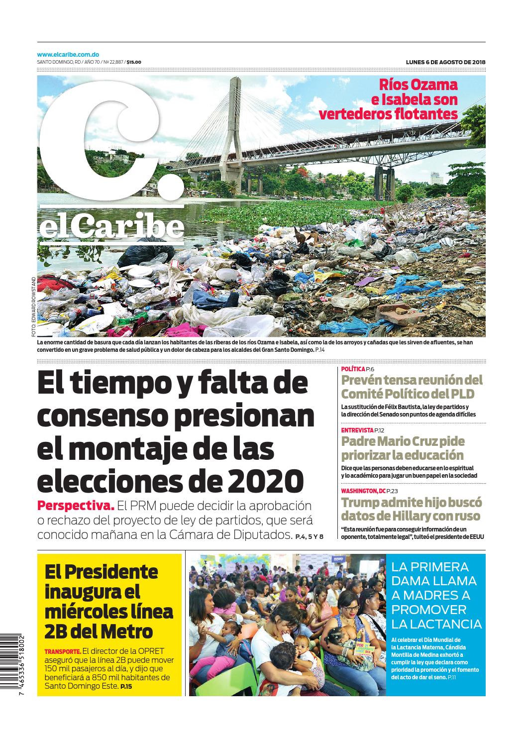 Portada Periódico El Caribe, Lunes 6 de Agosto 2018