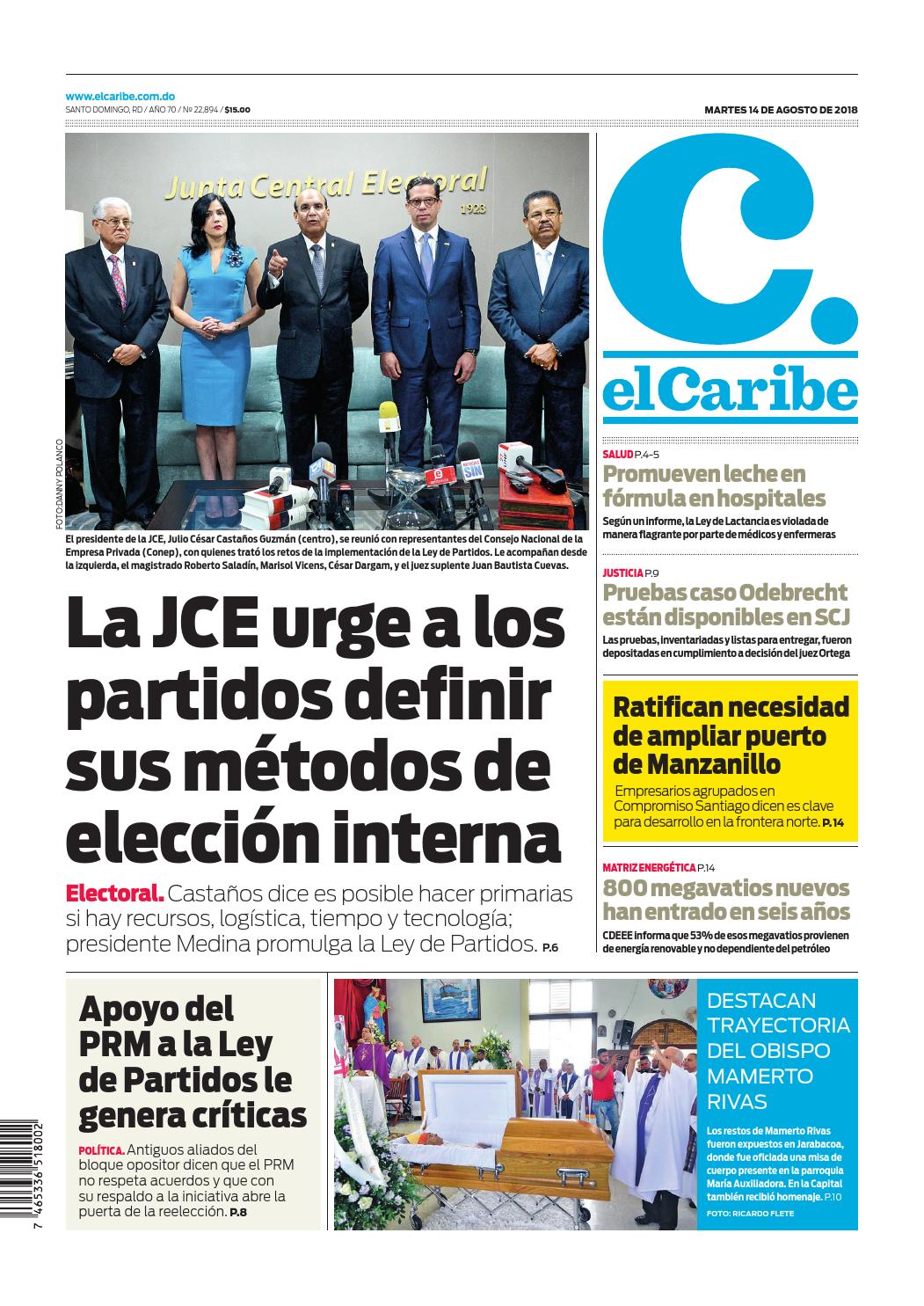 Portada Periódico El Caribe, Martes 14 de Agosto 2018