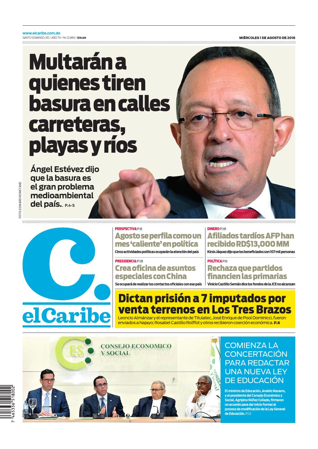 Portada Periódico El Caribe, Miércoles 1 de Agosto 2018