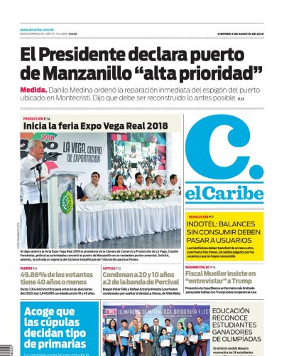 Portada Periódico El Caribe, Viernes 3 de Agosto 2018