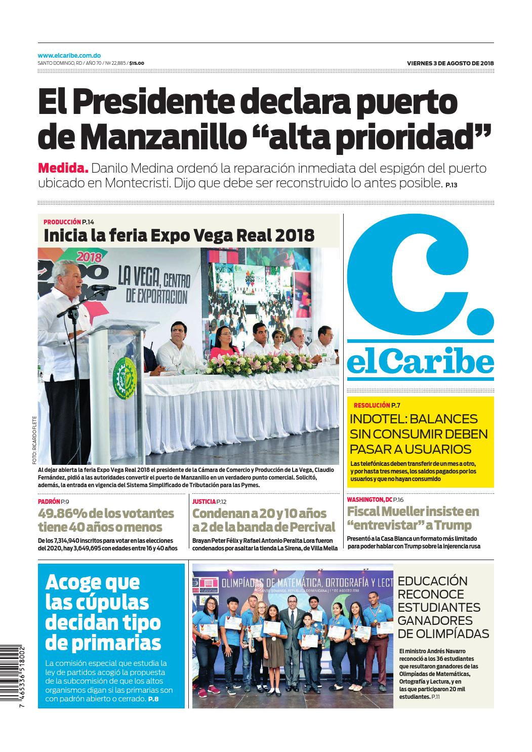 Portada Periódico El Caribe, Viernes 3 de Agosto 2018