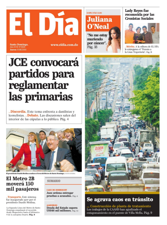 Portada Periódico El Día, Jueves 9 de Agosto 2018
