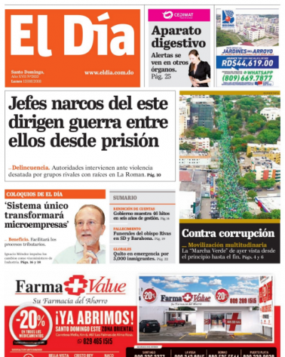 Portada Periódico El Día, Lunes 13 de Agosto 2018