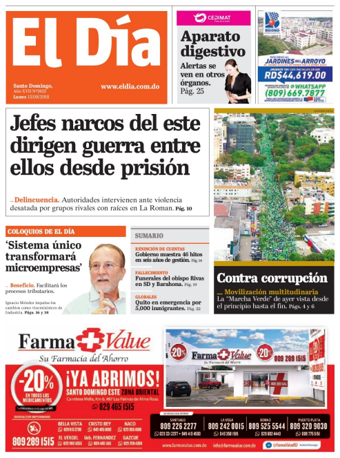 Portada Periódico El Día, Lunes 13 de Agosto 2018
