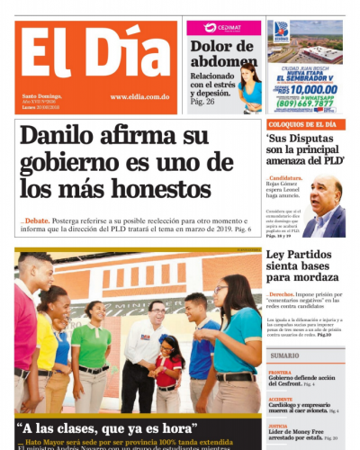 Portada Periódico El Día, Lunes 20 de Agosto 2018