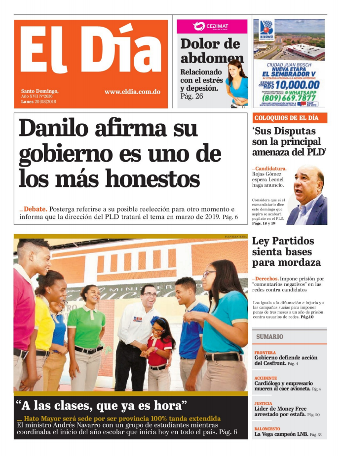 Portada Periódico El Día, Lunes 20 de Agosto 2018