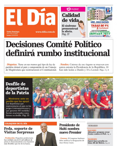 Portada Periódico El Día, Lunes 6 de Agosto 2018