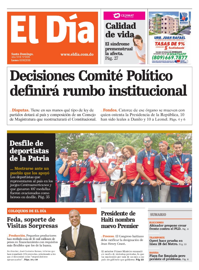 Portada Periódico El Día, Lunes 6 de Agosto 2018
