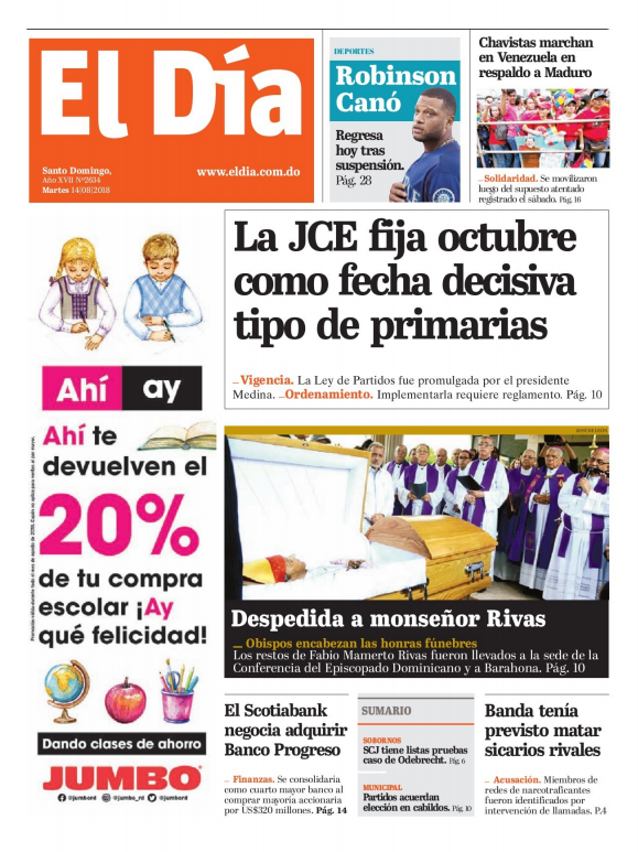 Portada Periódico El Día, Martes 14 de Agosto 2018