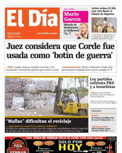 Portada Periódico El Día, Miércoles 1 de Agosto 2018