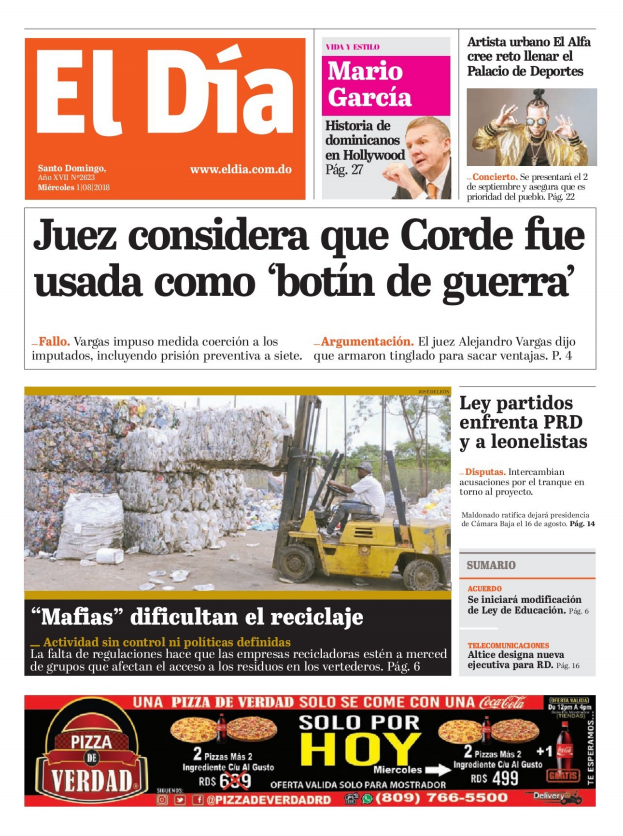 Portada Periódico El Día, Miércoles 1 de Agosto 2018