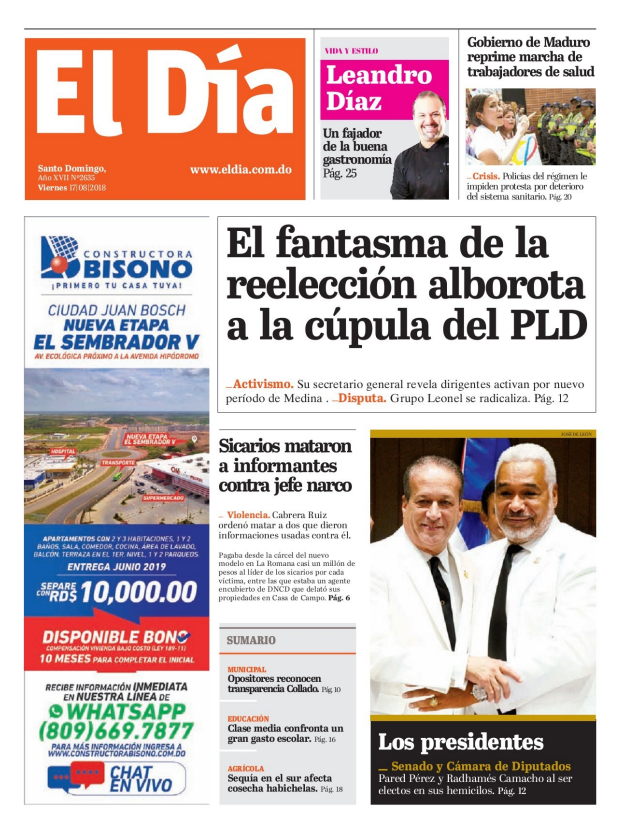 Portada Periódico El Día, Viernes 17 de Agosto 2018