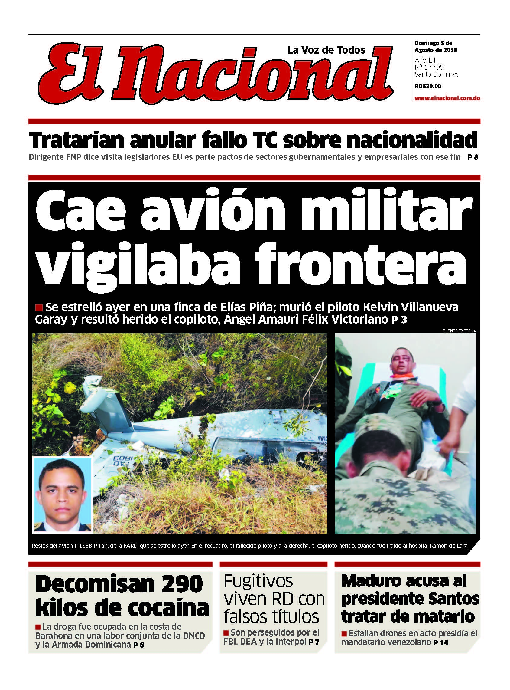 Portada Periódico El Nacional, Domingo 5 de Agosto 2018